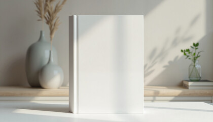 Minimalistic mockup of a blank book on a white surface with soft shadows and delicate decoration