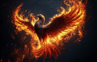 Majestic Phoenix Rising from Fiery Flames with Glowing Feathers and Powerful Wings