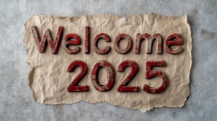 Red wooden letters spelling out "Welcome 2025" on crumpled brown paper.