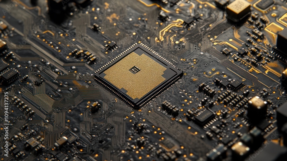 Poster close-up of a microprocessor on a circuit board, showcasing intricate technology design.