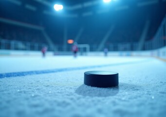 Hockey puck on ice rink during evening match with players in background