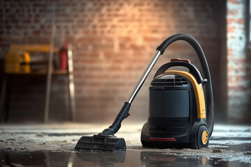 Fototapeta premium An industrial vacuum cleaner on the floor of a construction site background with copy space.