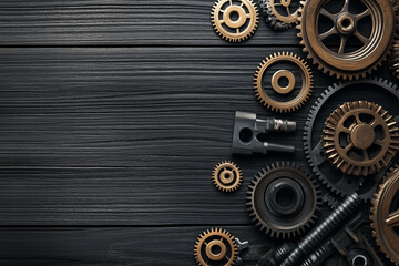Gears cogwheels on a black wooden workbench background with copy space.