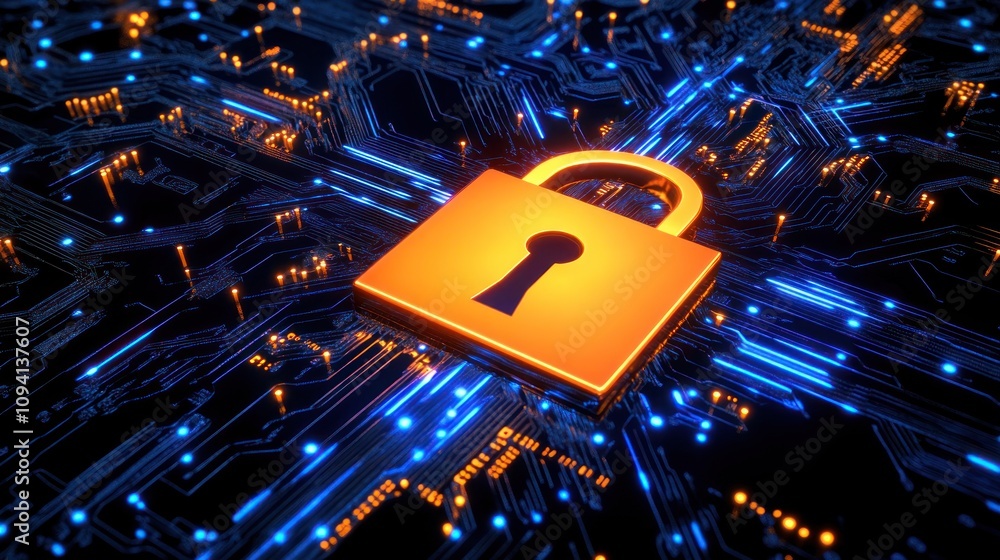 Poster a digital padlock on a circuit board background, symbolizing cybersecurity and data protection.