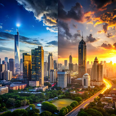 Obraz premium A time-lapse image captures a city transitioning from day to night.