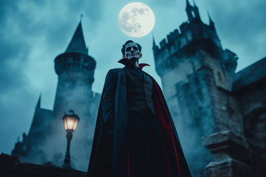 An ancient bloody vampire on dark castle at night background...