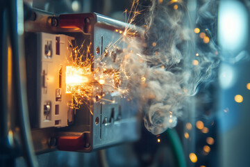 A box with circuit breakers sparking and smoking in a short circuit...