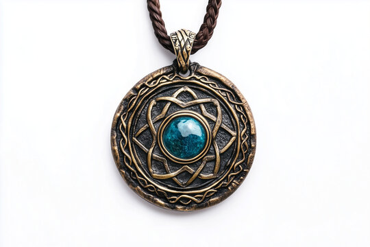 An antique medieval magical amulet with a gemstone isolated on a white background.