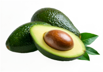 Two avocados one whole cut half avocado is Delicious fruits