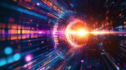 Obraz premium A vibrant digital tunnel representing energy and motion in a futuristic landscape.