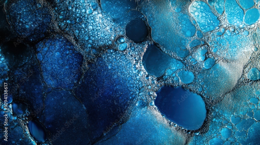 Poster abstract blue bubbles and shapes create a visually striking texture.