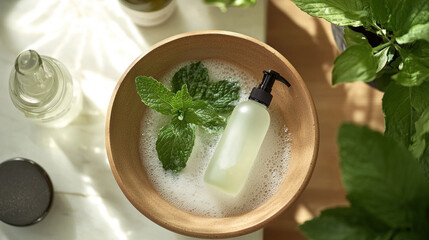 A refreshing hair wash using a mint-infused shampoo, providing a cooling sensation on the scalp, followed by a gentle scalp massage to invigorate and cleanse the hair