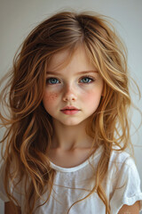 A young girl with long blonde hair and blue eyes