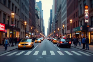 City Street Scene With Yellow Taxis And Evening Ambiance