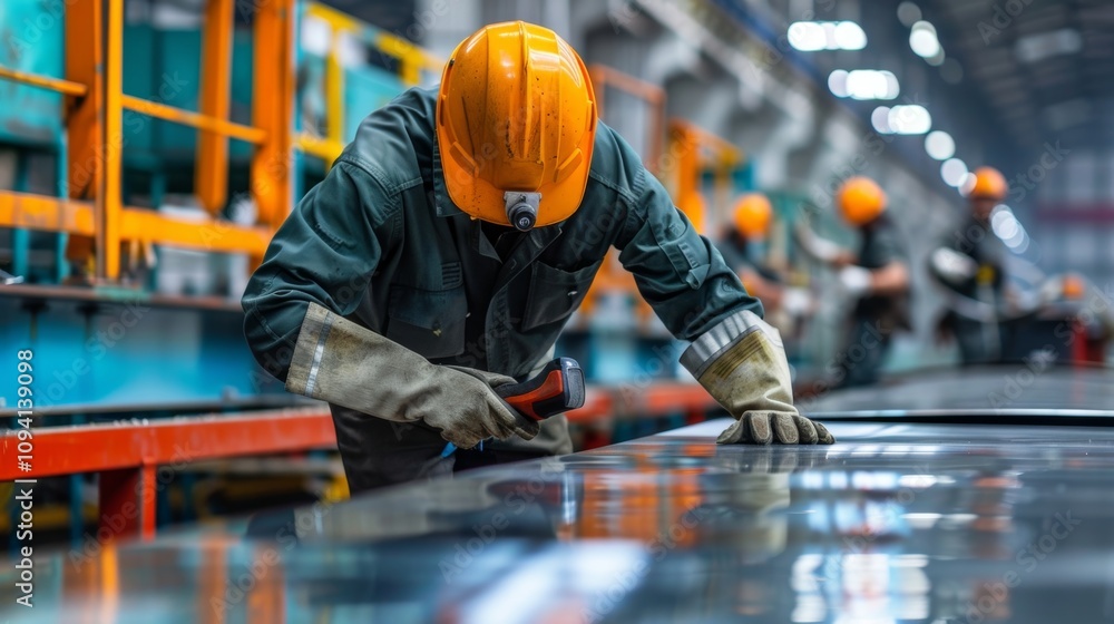 Poster hard hats and safety gear on workers use power tools to secure prefabricated floors in a speedy and 