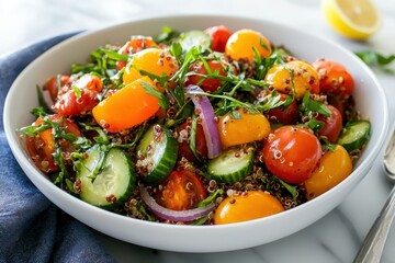 Vibrant quinoa salad recipe kitchen food preparation bright environment aesthetic viewpoint colorful ingredients for health benefits