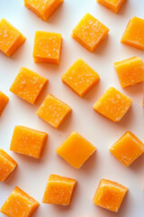 A white table topped with lots of cubes of cheese