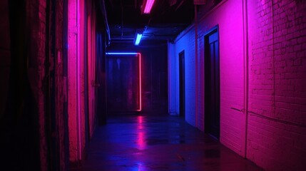A dimly lit corridor with vibrant neon lights in shades of pink and blue.