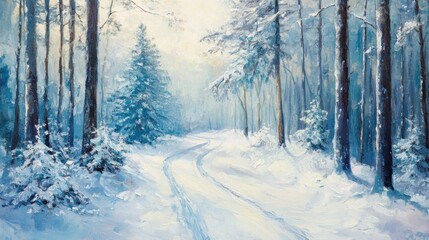 Obraz premium Serene winter landscape painting of snow-covered path winding through a tranquil pine forest under soft, diffused sunlight.