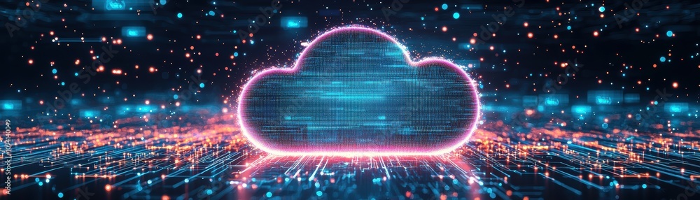 Poster a digital cloud icon surrounded by a glowing network of data, symbolizing cloud computing and data s