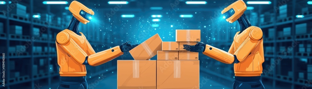 Poster two robotic arms are handling cardboard boxes in a warehouse setting, showcasing automation and adva