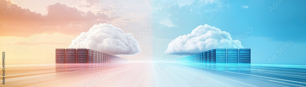 Poster a visual representation of cloud computing, featuring storage containers under stylized clouds, symb