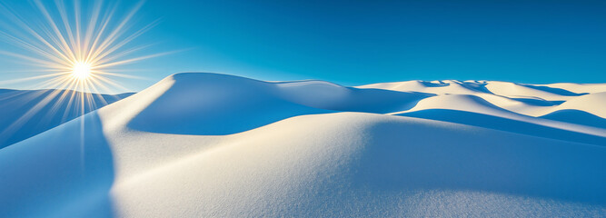 Naklejka premium Sunlit white sand dunes under clear blue sky with vibrant sunbeam