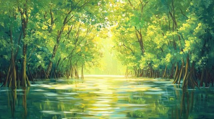 Obraz premium Sunlit path through lush green mangrove forest with calm water reflecting sunlight.