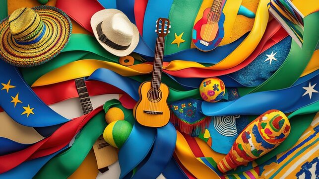 Vibrant Latin American cultural items and flags.