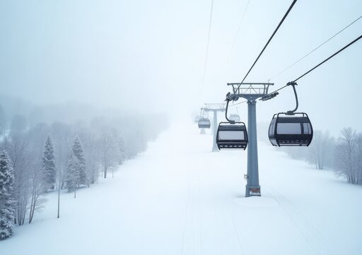Snowy winter landscape featuring ski gondolas in a foggy atmosphere at a mountain resort