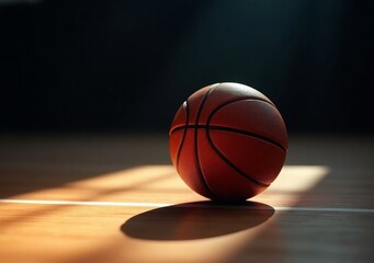 Obraz premium Basketball rests on a wooden court under soft natural light during a quiet moment before the game begins