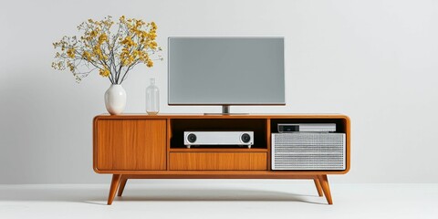 modern interior design concept. A stylish wooden TV stand with a television, decorative flowers, and storage compartments, adding a modern touch to the living space.