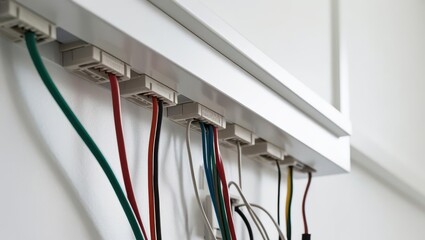A close-up view of a cable management system with multiple colored wires neatly organized along a mounted strip.