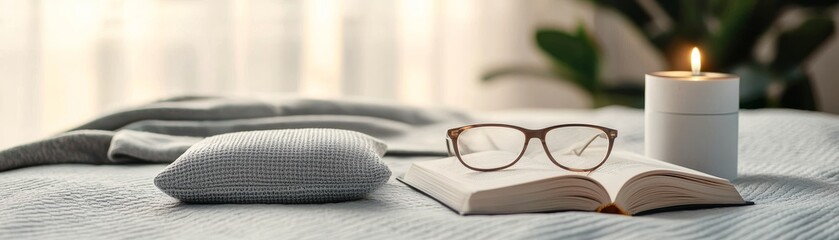 Fototapeta premium Serene Scene of Insomnia Treatment Essentials Being Displayed in a Cozy Bedroom Setting