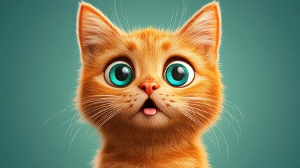 A cute orange kitten with big blue eyes and its tongue sticking out, looking up with a surprised expression.