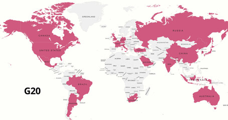 Color-Coded World Map Highlighting G20 country.g20 map © habib billah