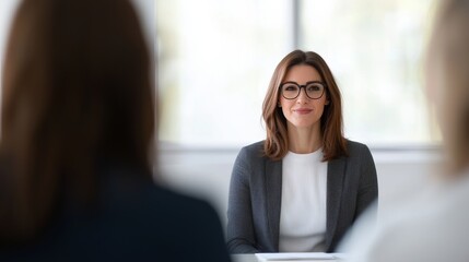 Obraz premium A professional woman wearing glasses and a blazer, smiling confidently while conducting or attending a formal job interview. 
