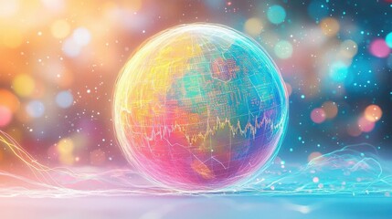 Obraz premium A glowing holographic globe surrounded by digital stock market graphs and numbers, neon light trails connecting major cities, symbolizing global finance