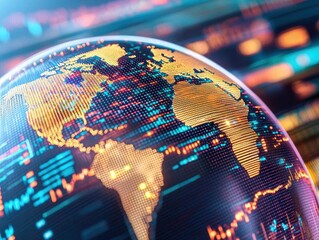 Closeup of a futuristic globe with stock market charts etched into its surface, glowing with data points and shimmering lights representing global trades