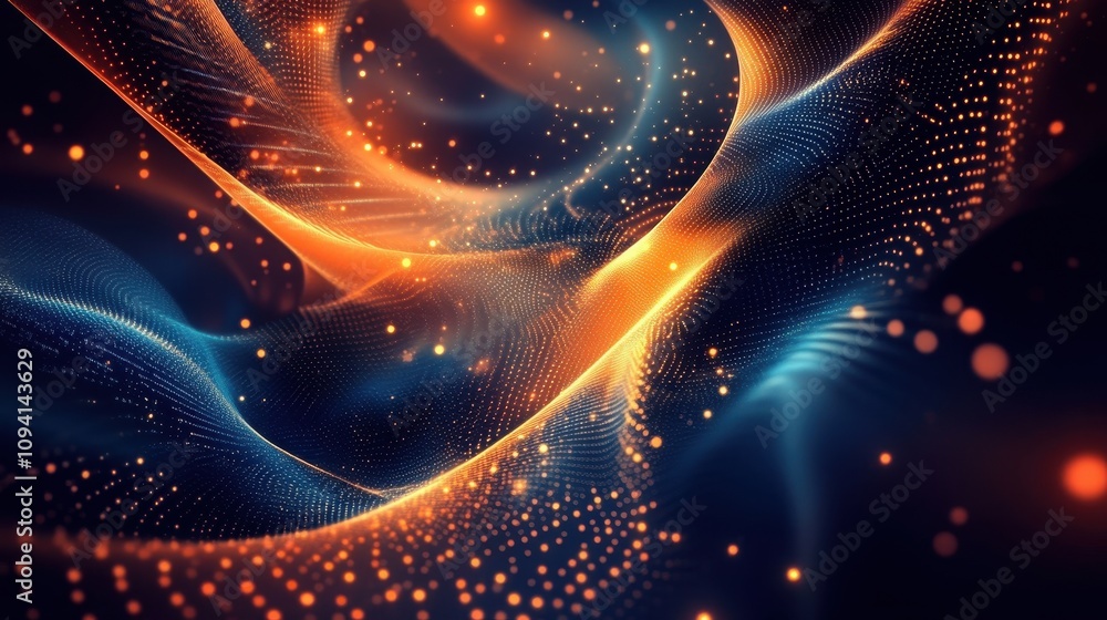 Poster abstract digital waves with glowing particles in a dark background.