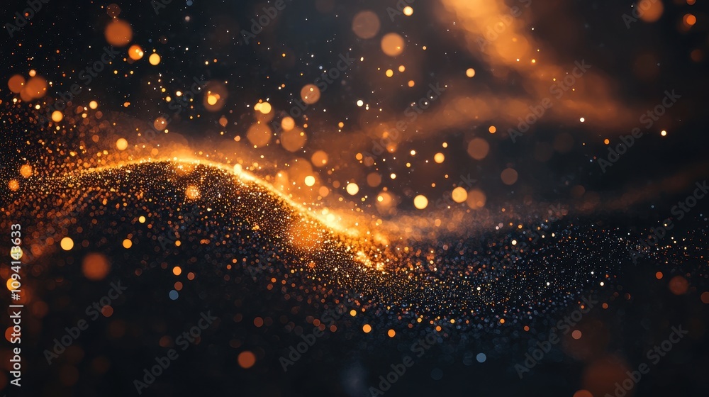 Poster a mesmerizing swirl of golden particles creating a dynamic, ethereal atmosphere.