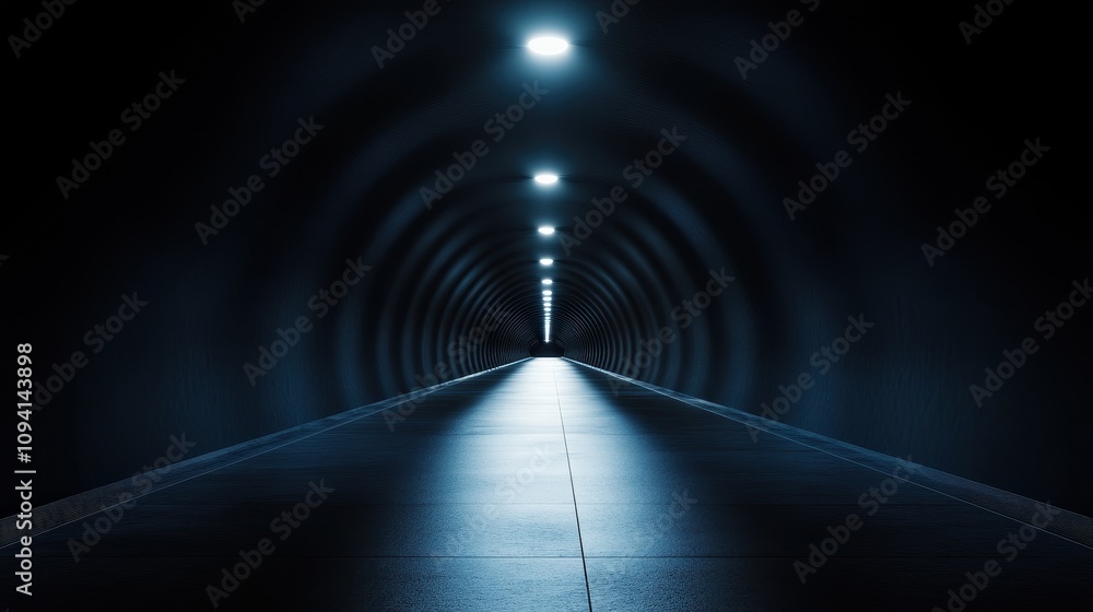 Poster a dimly lit tunnel with lights illuminating a path, creating a mysterious atmosphere.