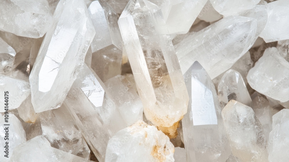 Poster a collection of clear quartz crystals sparkles with light, revealing their unique shapes and details
