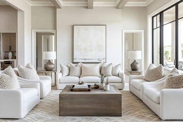 Modern living room with a light color scheme and geometric patterns