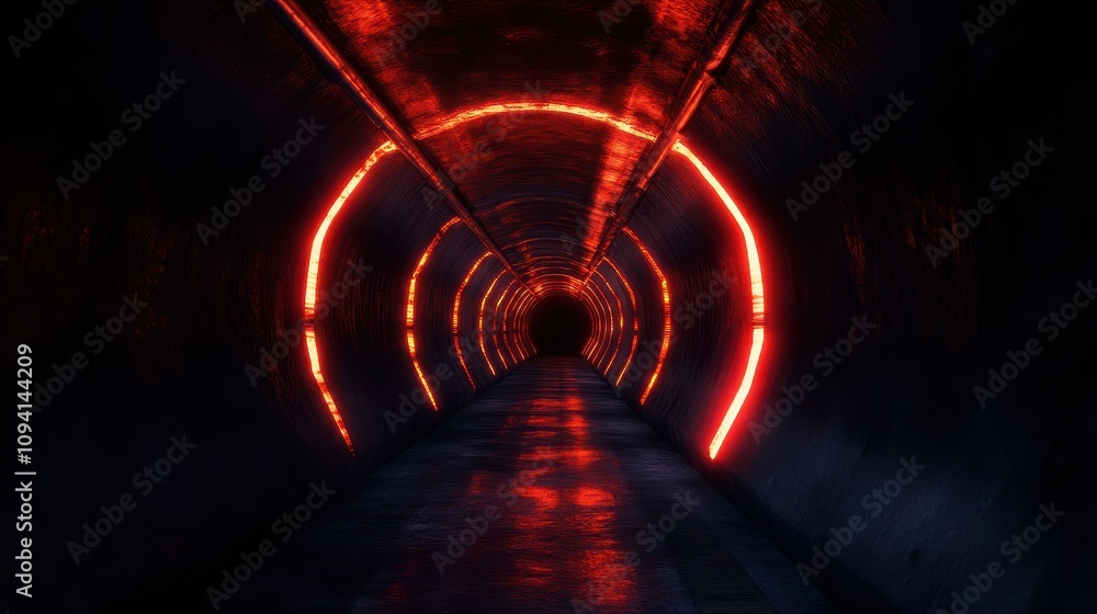 Poster a dark tunnel illuminated by glowing red lights, creating a mysterious and eerie atmosphere.