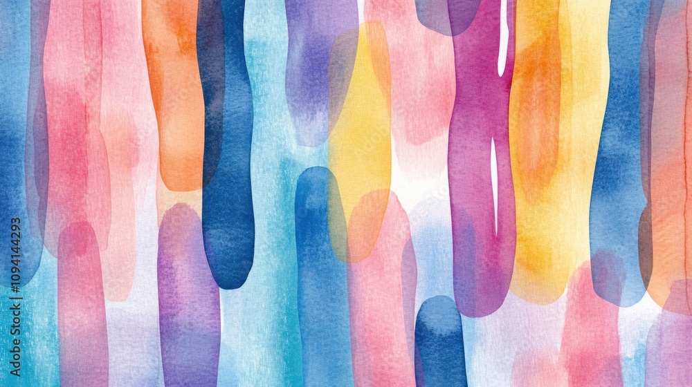 Poster vibrant watercolor abstract featuring vertical, overlapping strokes in warm and cool colors, creatin