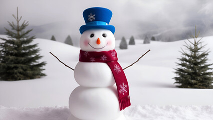 Obraz premium An adorable snowman set against a serene winter wonderland backdrop with a subtle creamy fog effect to enhance the atmosphere.