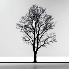 A silhouette of a lone tree against a clean and simple background, showing a striking contrast between the dark, tones of the tree outline against a white and light grey background.