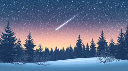 Naklejka premium Magical serene winter night landscape snowy forest and fir branches under starry sky with shooting star wishing upon a star outdoor activity nature background with copy space