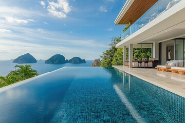 Fototapeta premium Modern luxury villa with a sleek infinity pool and outdoor bar